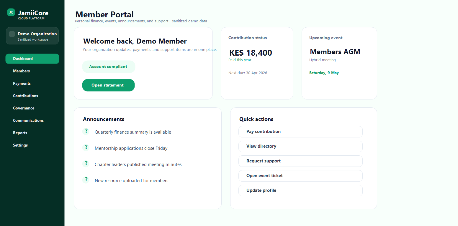 JamiiCore member portal dashboard
